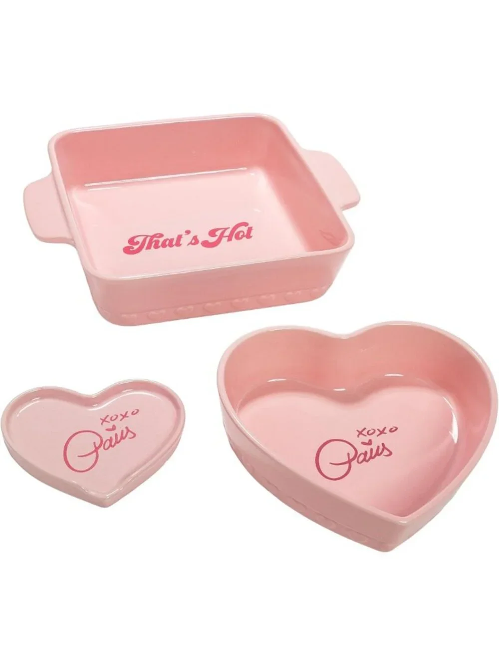 Chic 3-Piece Ceramic Bakeware Set - Square & Heart Bakers, Spoon Rest, Pink